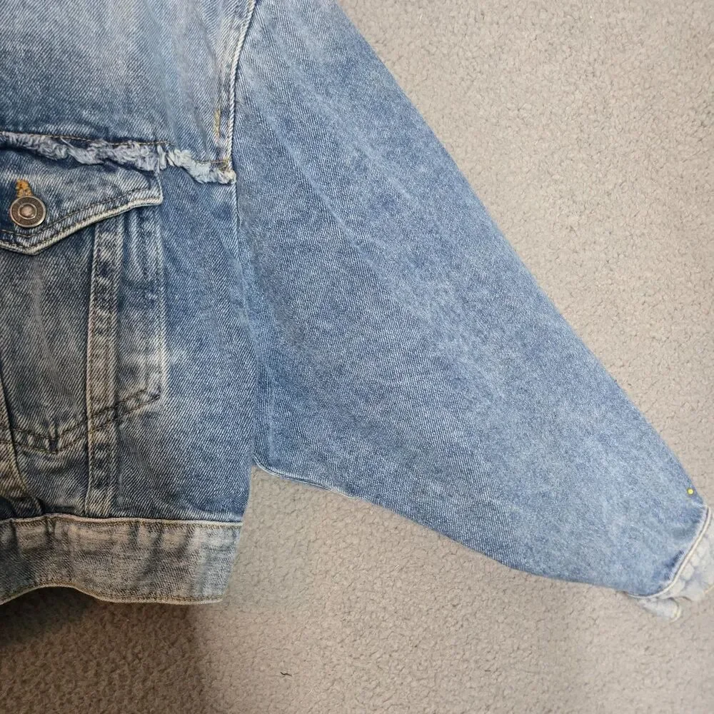 Free People We the Cropped Denim Jacket Womens Blue Frayed Cinch Back 100% M
